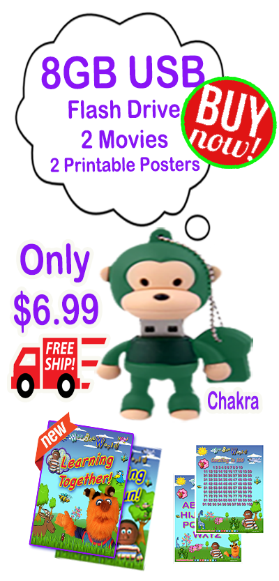 Chakra 8GB Green Monkey USB Flash Drive load with "Learning is Fun!" and "Learning Together" movies and more!